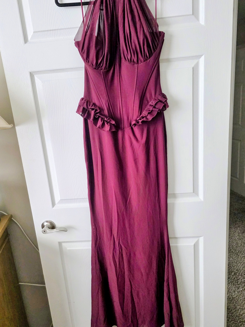 Fashion Nova Wine Backless Halter Ruffle Maxi Dress